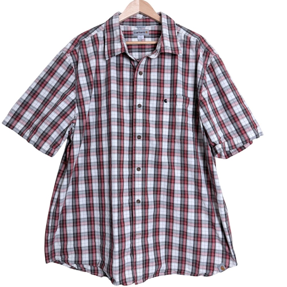 Carhartt Men 2X Red Relaxed Plaid Rugged Outdoor Workwear Button-Up Cotton Shirt